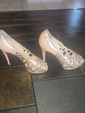 Christian Louboutin Metallic Nude Cutout Peep-Toe Pumps
